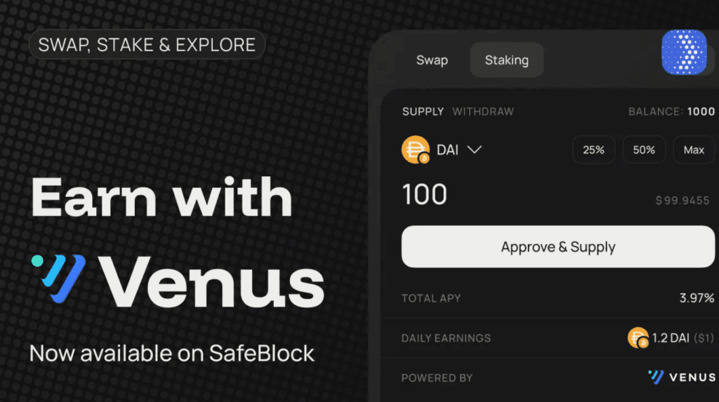 Safeblock integrates venus protocol to make seamless defi staking accessible